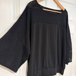 Chicos Black Laser Cut Wide Dolman Sleeve Blouson Top Womens L 12 Stretch